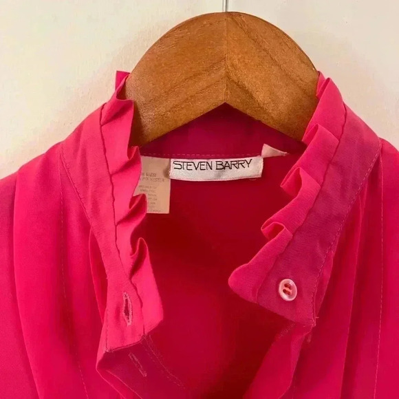 VTG Women's Sz.12 Sheer Puff-Sleeve Blouse Hot-Pink Pleated Front Victorian - Picture 4 of 9